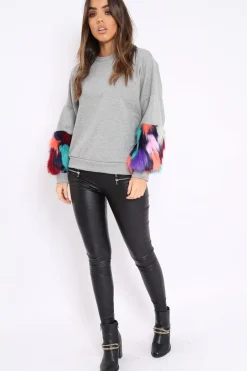 Rebellious Fashion Grey Sweatshirt with Multicolour Fur Sleeves - Loise