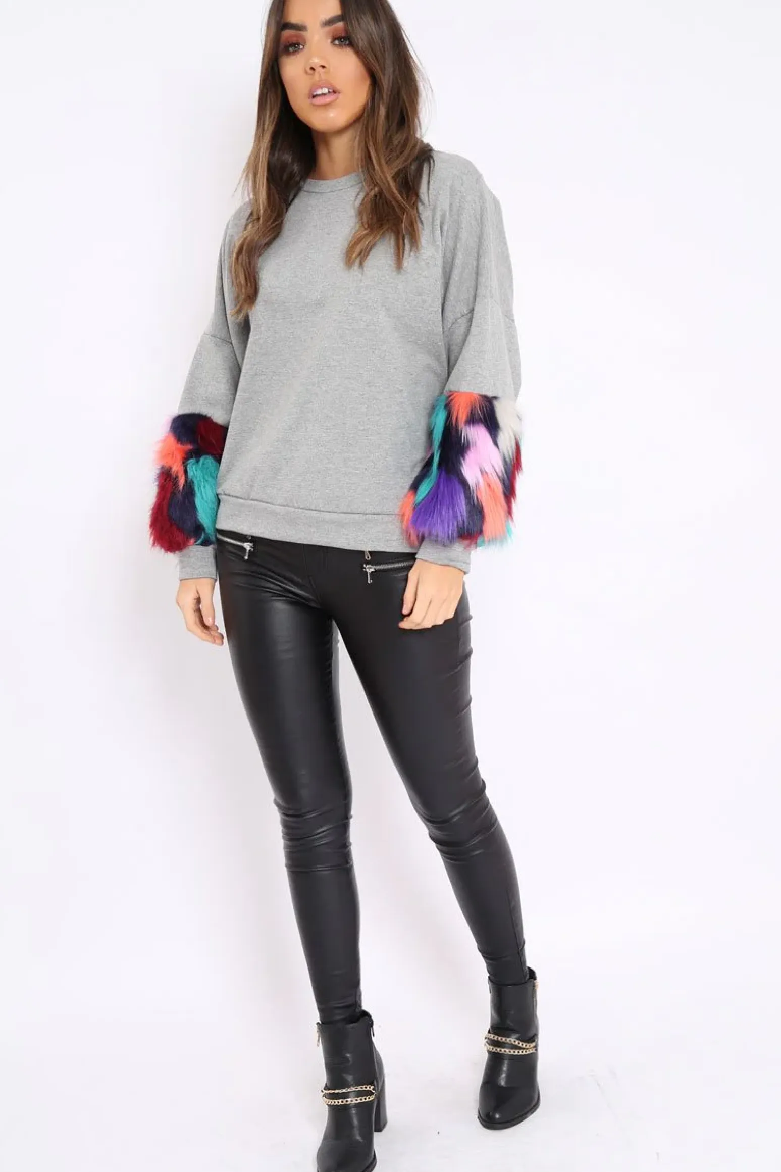 Rebellious Fashion Grey Sweatshirt with Multicolour Fur Sleeves - Loise