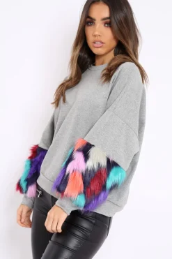 Rebellious Fashion Grey Sweatshirt with Multicolour Fur Sleeves - Loise