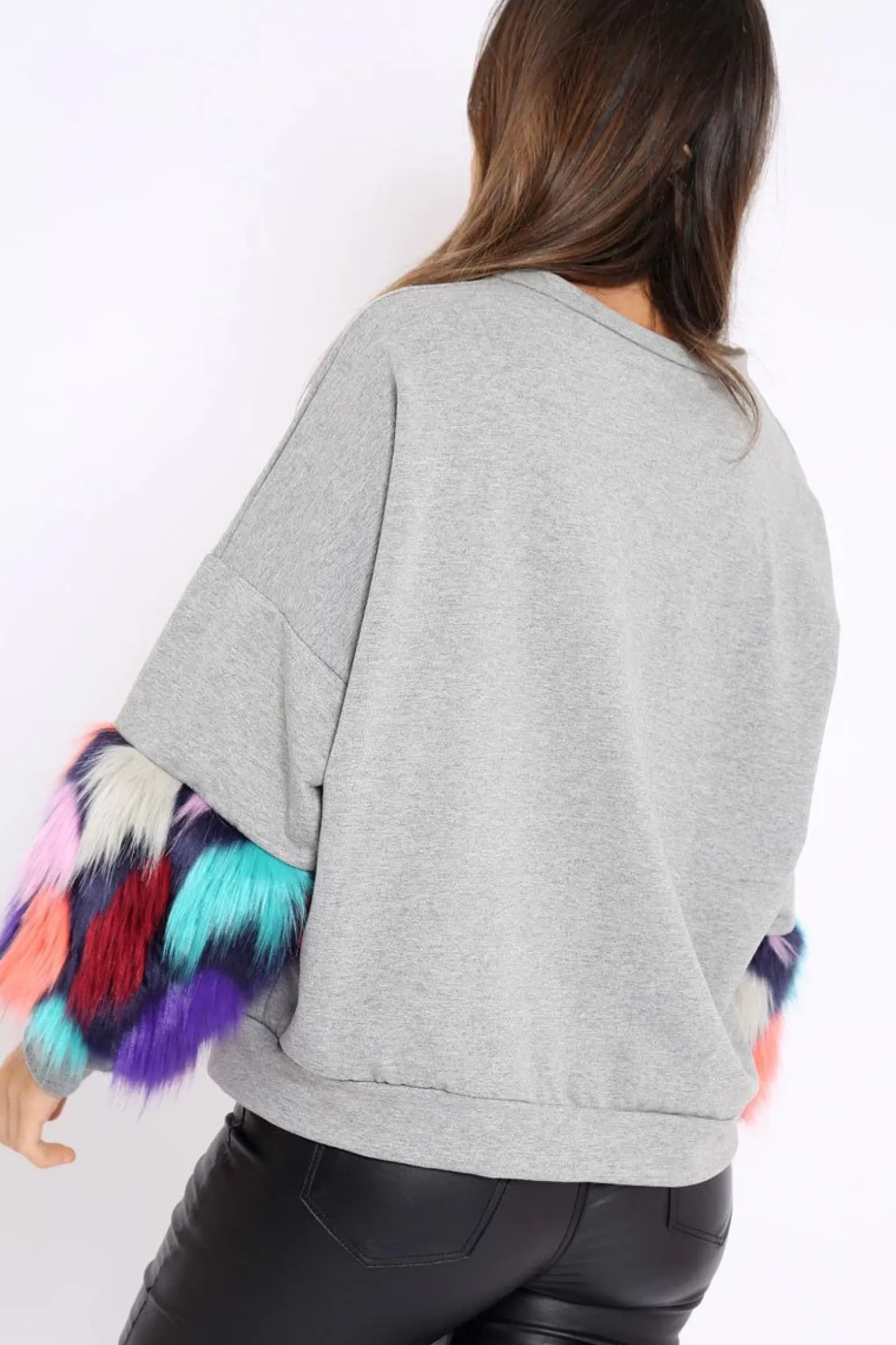 Rebellious Fashion Grey Sweatshirt with Multicolour Fur Sleeves - Loise