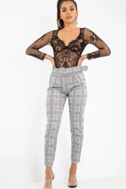 Rebellious Fashion Grey Tartan Belted Tailored Trousers - Celena