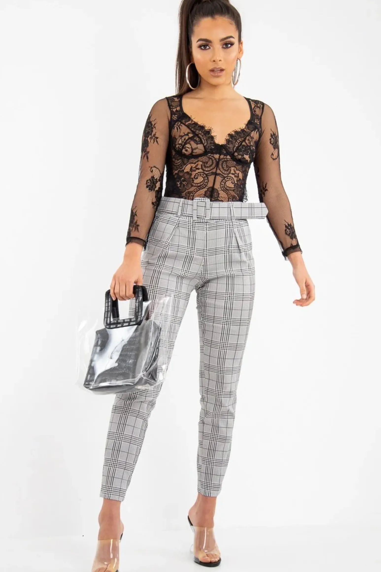 Rebellious Fashion Grey Tartan Belted Tailored Trousers - Celena