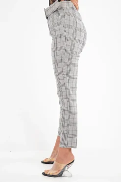 Rebellious Fashion Grey Tartan Belted Tailored Trousers - Celena