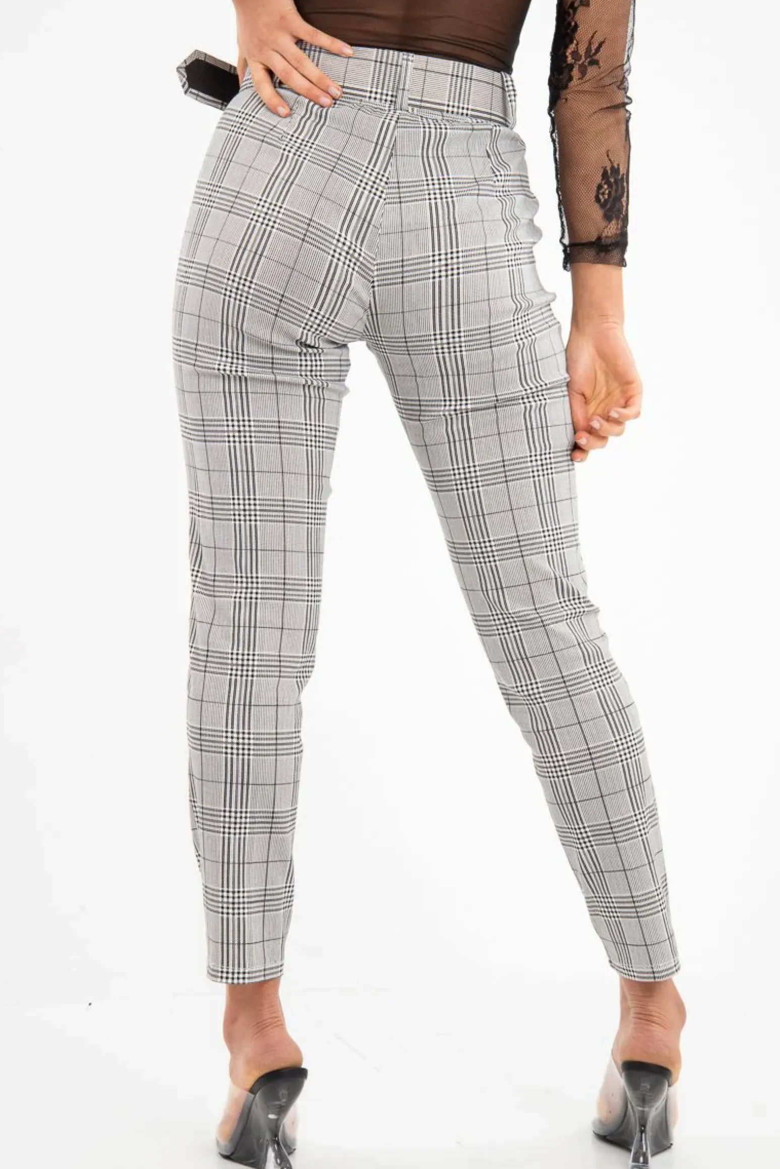 Rebellious Fashion Grey Tartan Belted Tailored Trousers - Celena