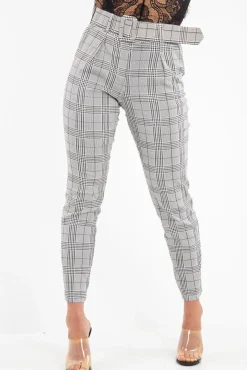 Rebellious Fashion Grey Tartan Belted Tailored Trousers - Celena