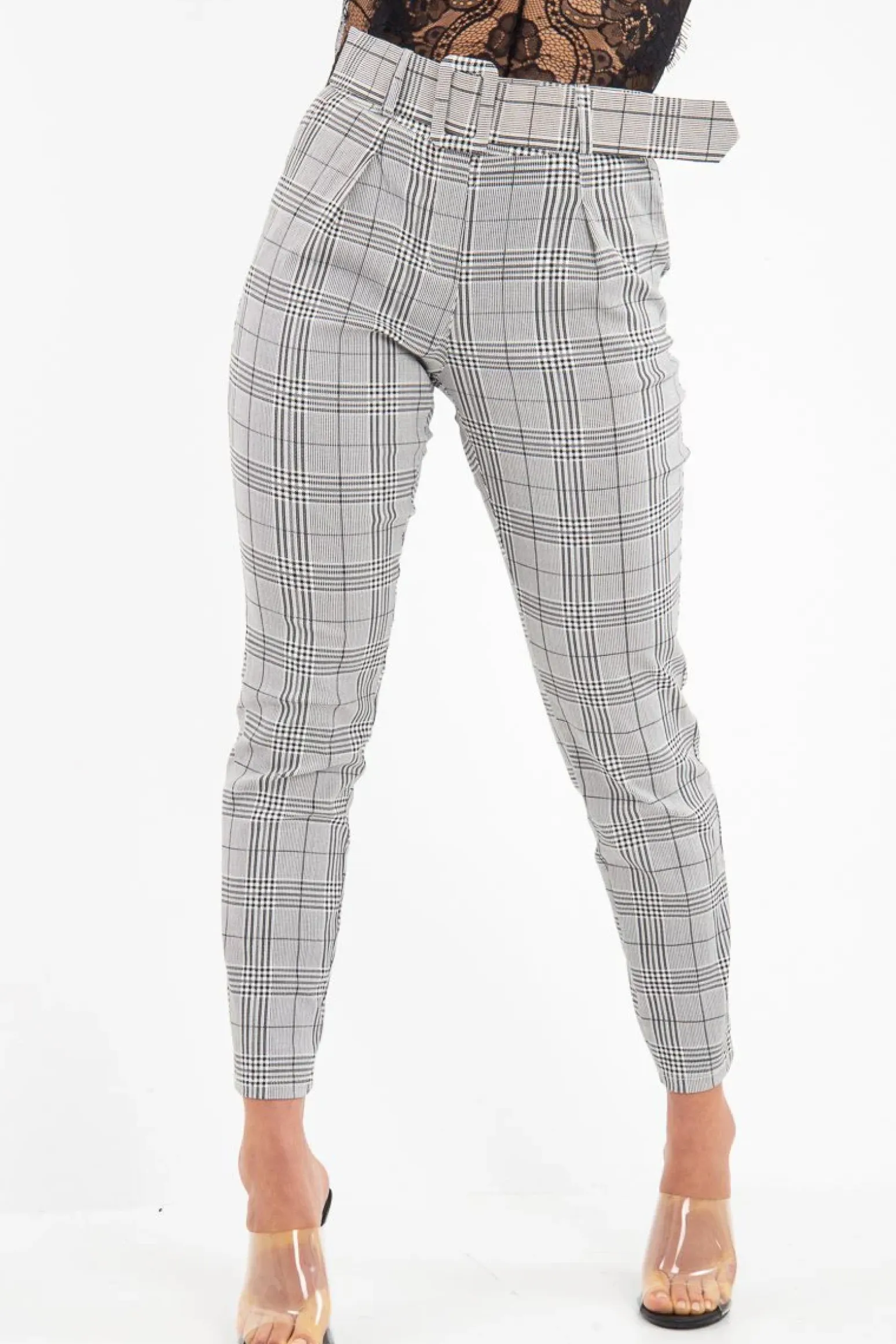 Rebellious Fashion Grey Tartan Belted Tailored Trousers - Celena