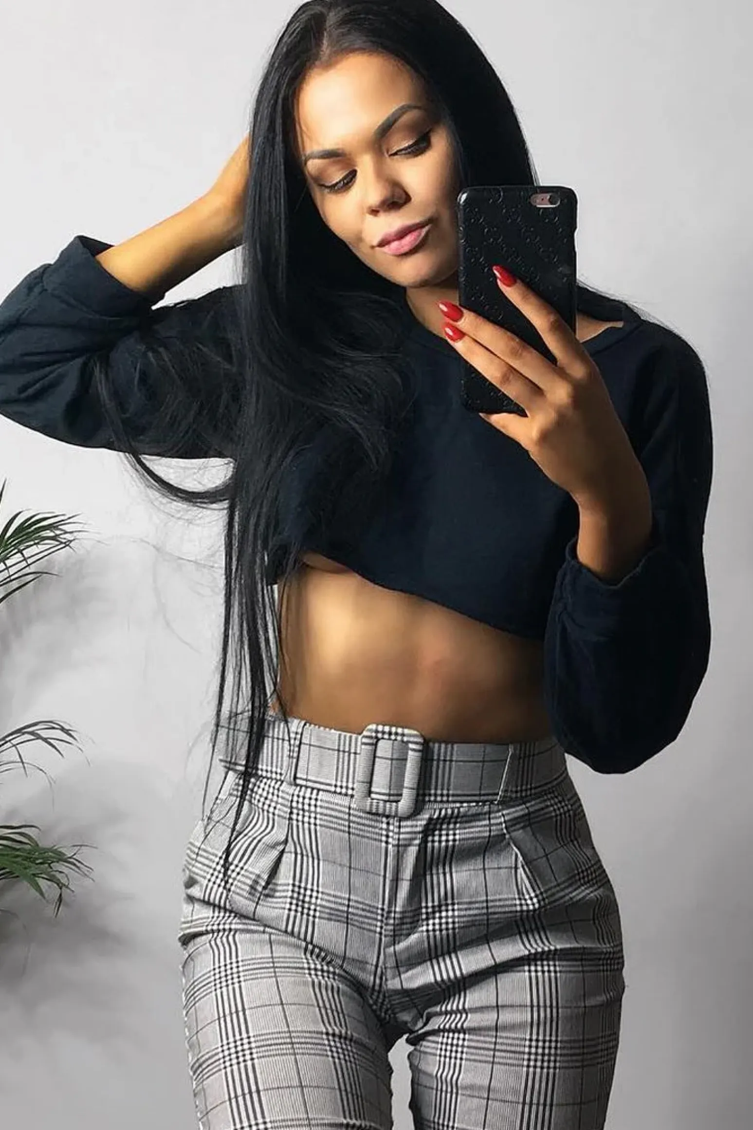 Rebellious Fashion Grey Tartan Belted Tailored Trousers - Celena