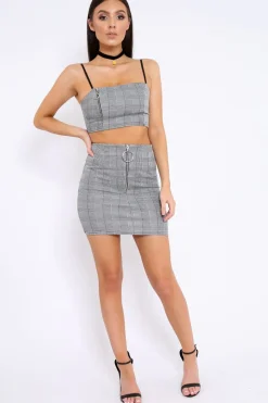 Rebellious Fashion Grey Tartan Crop Top and Skirt Co-ord - Edina
