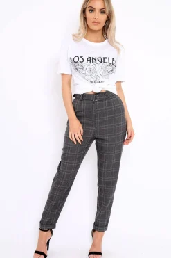 Rebellious Fashion Grey Tartan Ring Belted Tapered Trousers - Klara