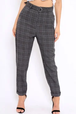 Rebellious Fashion Grey Tartan Ring Belted Tapered Trousers - Klara