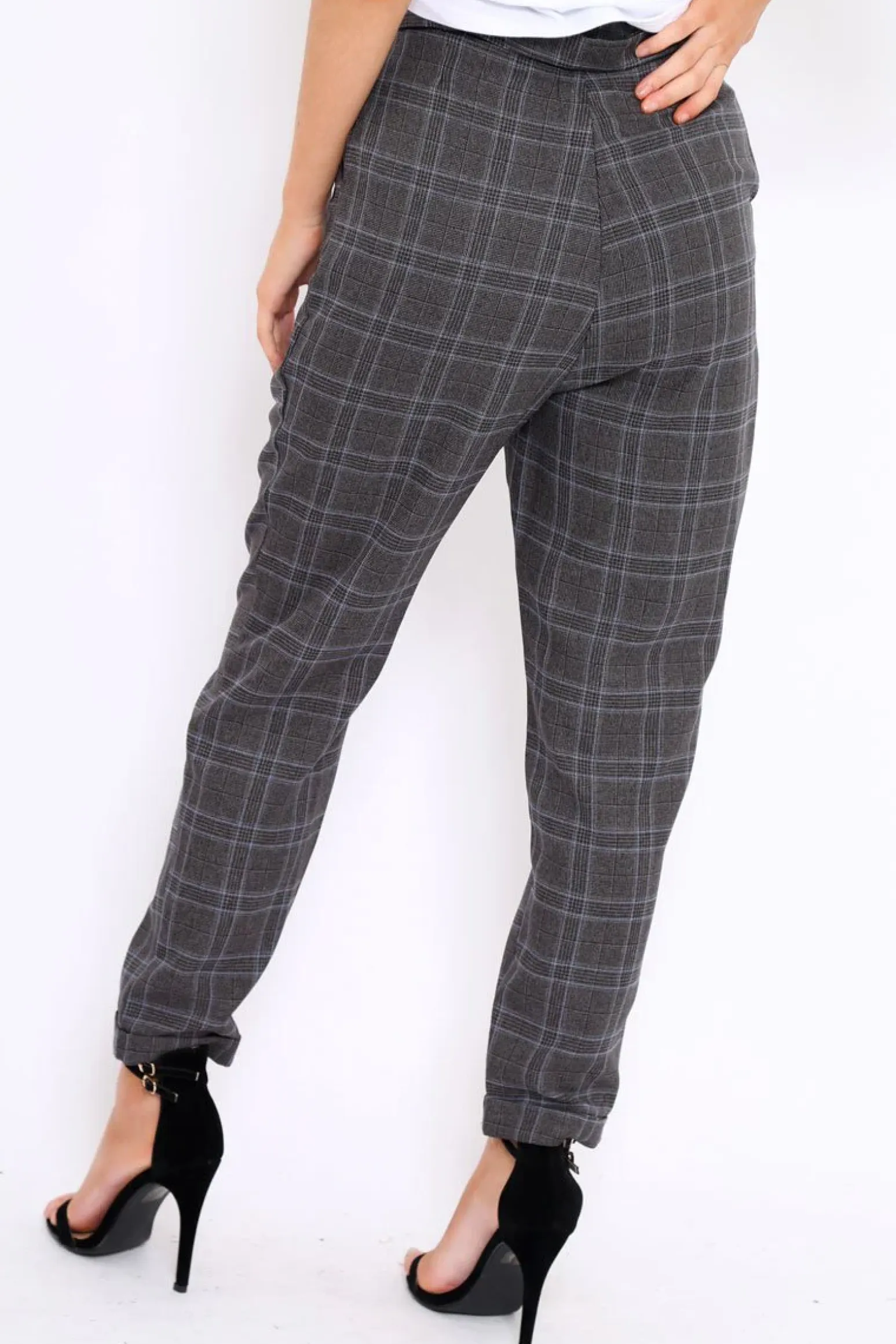 Rebellious Fashion Grey Tartan Ring Belted Tapered Trousers - Klara