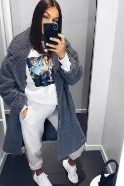 Rebellious Fashion Grey Teddy Long Double Breasted Coat - Miriam