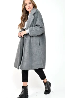 Rebellious Fashion Grey Teddy Long Double Breasted Coat - Miriam