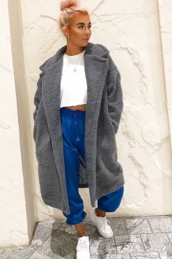 Rebellious Fashion Grey Teddy Long Double Breasted Coat - Miriam