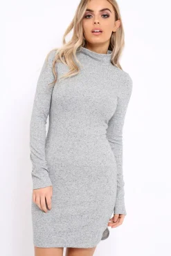 Rebellious Fashion Grey Thin Knit Roll Neck Jumper Dress - Lacy