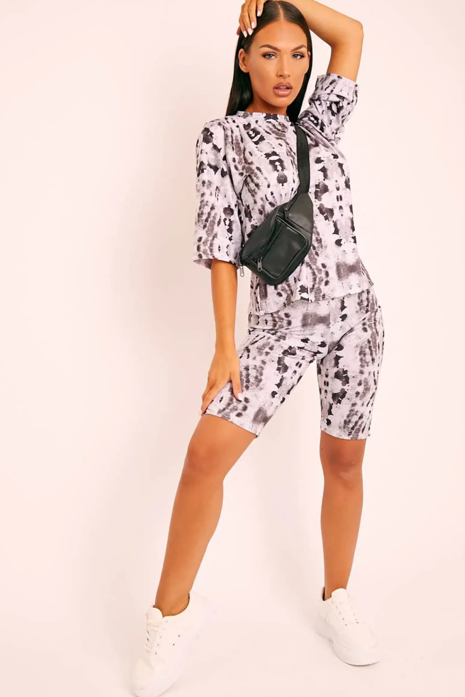 Rebellious Fashion Grey Tie Dye Ribbed Cycling Shorts Co-ord - Haizlee
