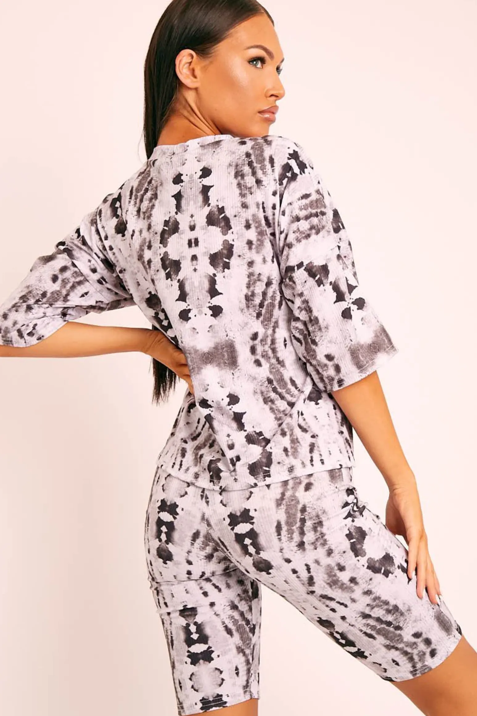 Rebellious Fashion Grey Tie Dye Ribbed Cycling Shorts Co-ord - Haizlee