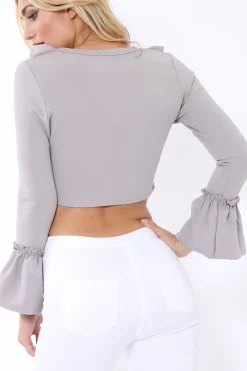 Rebellious Fashion Grey Tie Front Bell Sleeve Crop Top - Angelina