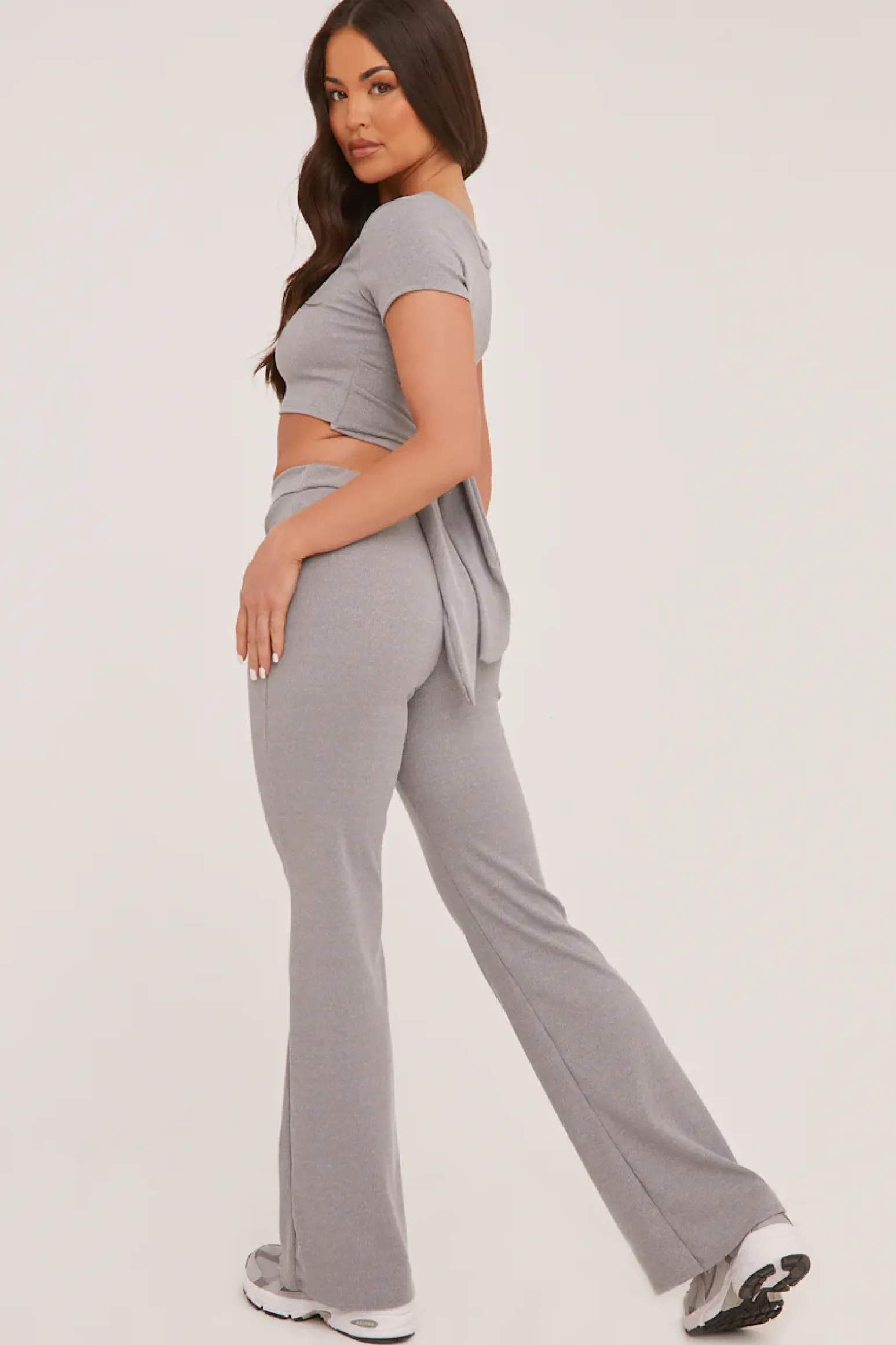 Rebellious Fashion Grey Tie Front Cropped Top & Trousers Co-ord Set - Penney