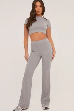 Rebellious Fashion Grey Tie Front Cropped Top & Trousers Co-ord Set - Penney