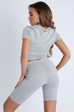 Rebellious Fashion Grey Tie Front Cropped T-Shirt + Cycling Shorts Set - Neah