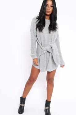Rebellious Fashion Grey Tie Front Knitted Jumper Dress - Harley