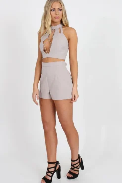 Rebellious Fashion Grey Tie Front Two Piece - Esta