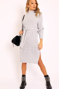 Rebellious Fashion Grey Tie Waist High Neck Midi Jumper Dress - Ennie