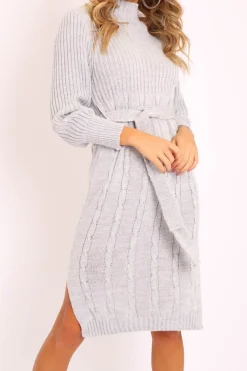 Rebellious Fashion Grey Tie Waist High Neck Midi Jumper Dress - Ennie
