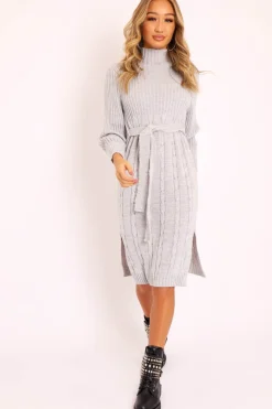 Rebellious Fashion Grey Tie Waist High Neck Midi Jumper Dress - Ennie