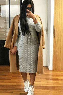 Rebellious Fashion Grey Tie Waist High Neck Midi Jumper Dress - Ennie
