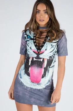 Rebellious Fashion Grey Tiger Print Lace Up T Shirt Dress - Lula
