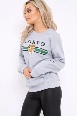 Rebellious Fashion Grey Tokyo Slogan Sweatshirt - Lilah