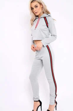 Rebellious Fashion Grey Tracksuit with Khaki and Red Side Stripe - Beatrix