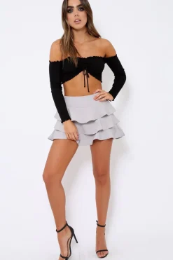 Rebellious Fashion Grey Triple Frill High Waisted Shorts - Alice