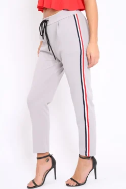 Rebellious Fashion Grey Trousers with Red Blue and White Side Stripe - Savanna