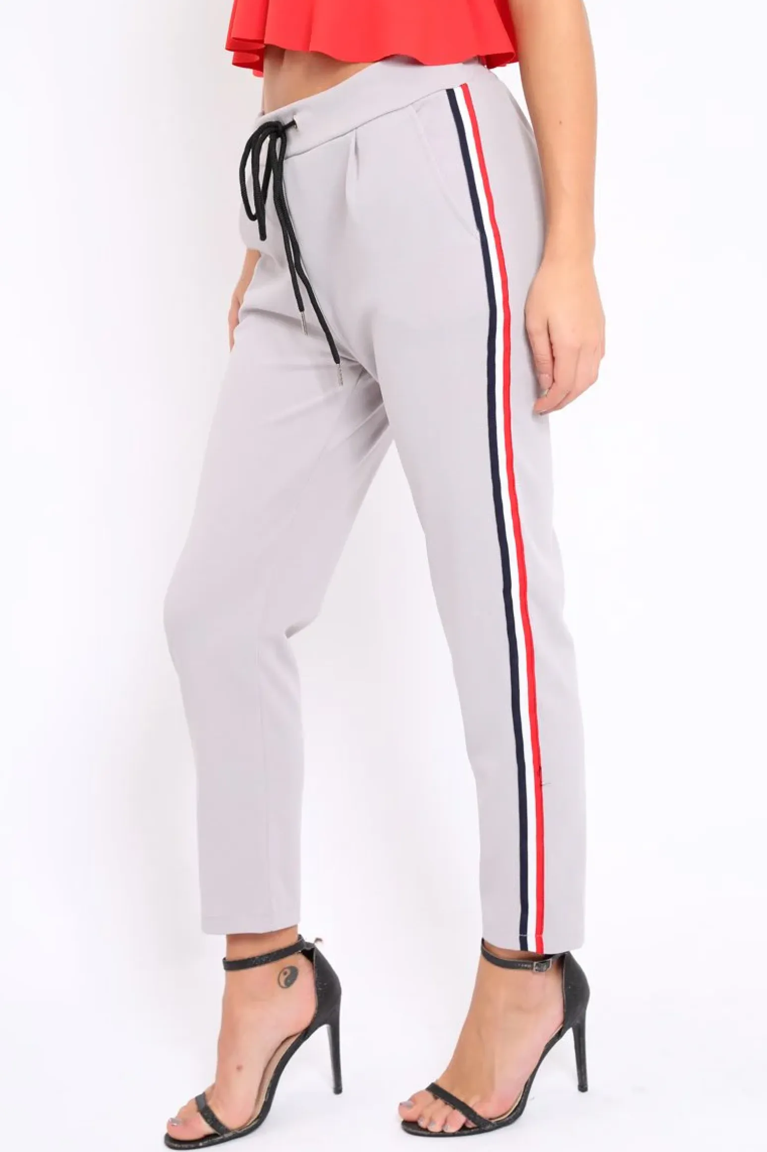 Rebellious Fashion Grey Trousers with Red Blue and White Side Stripe - Savanna