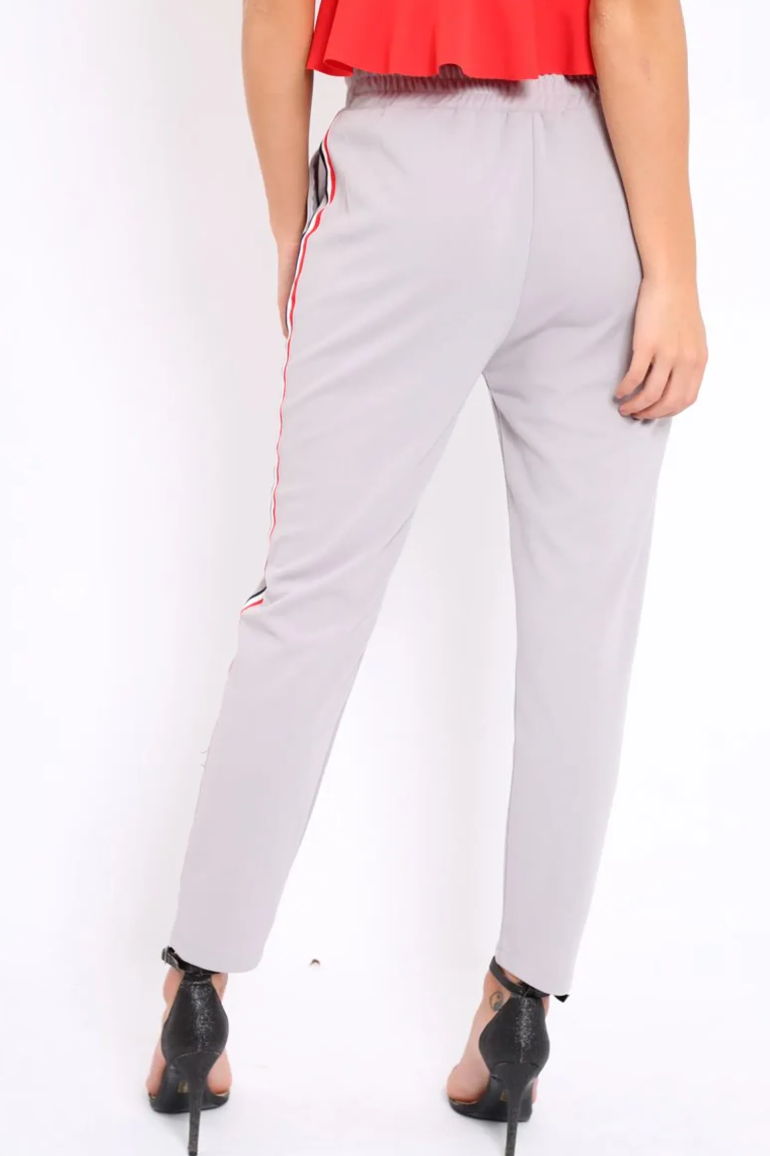 Rebellious Fashion Grey Trousers with Red Blue and White Side Stripe - Savanna