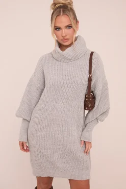 Rebellious Fashion Grey Turtle Neck Knit Jumper Dress - Brooke