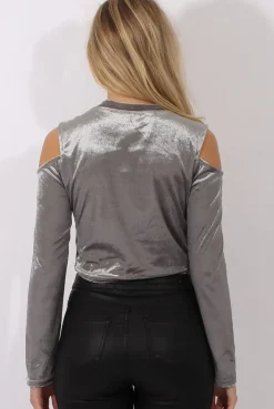 Rebellious Fashion Grey Velvet Cold Shoulder Crop Top - Presile