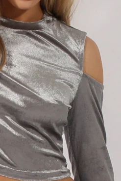 Rebellious Fashion Grey Velvet Cold Shoulder Crop Top - Presile