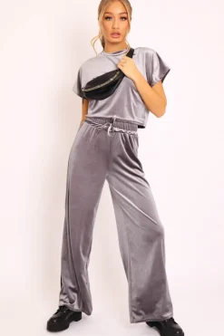 Rebellious Fashion Grey Velvet Crop Top and Trousers Loungewear Set - Kani