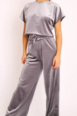 Rebellious Fashion Grey Velvet Crop Top and Trousers Loungewear Set - Kani