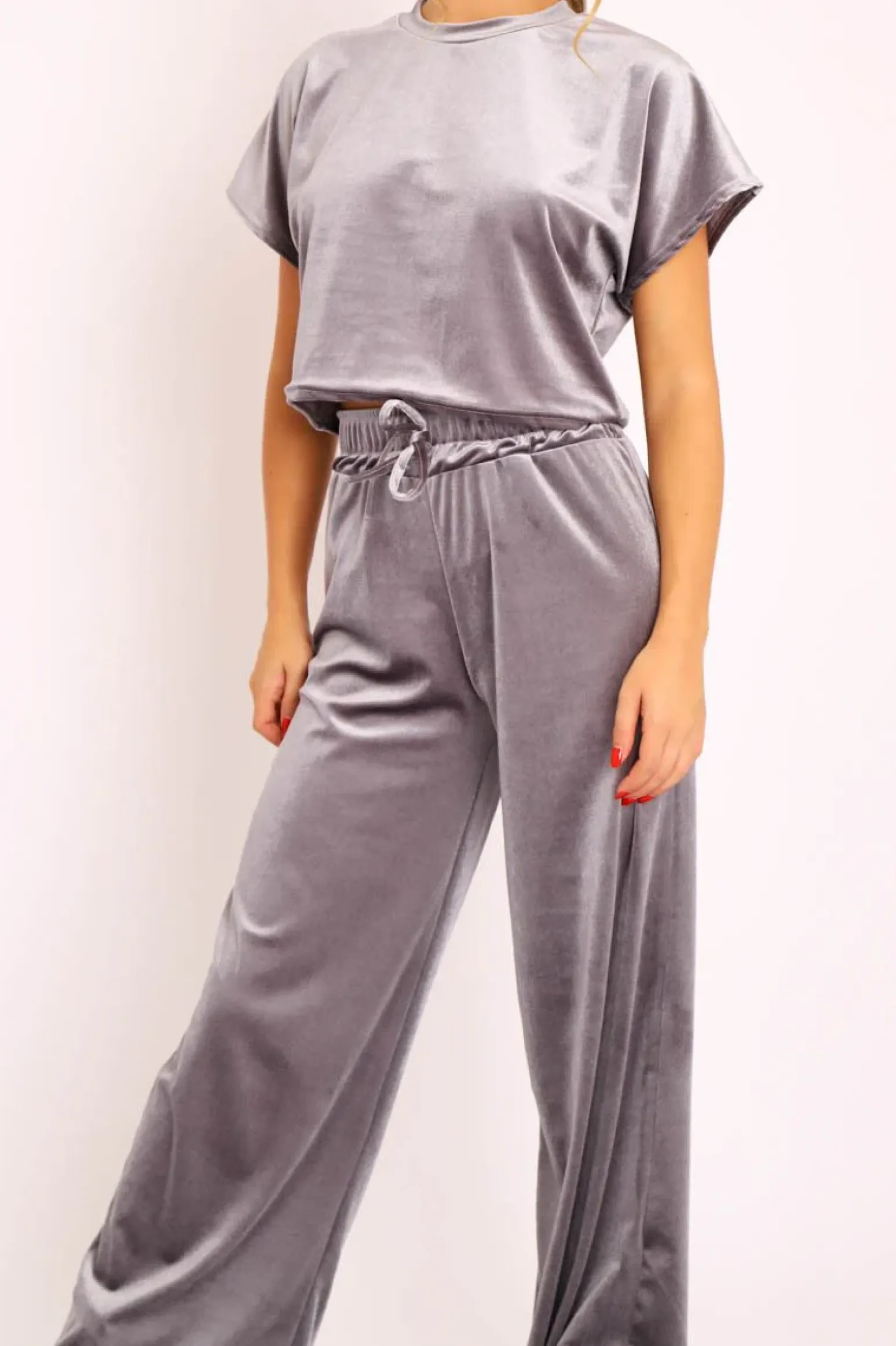 Rebellious Fashion Grey Velvet Crop Top and Trousers Loungewear Set - Kani