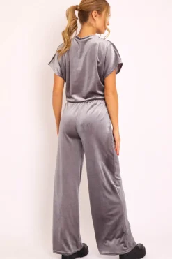 Rebellious Fashion Grey Velvet Crop Top and Trousers Loungewear Set - Kani