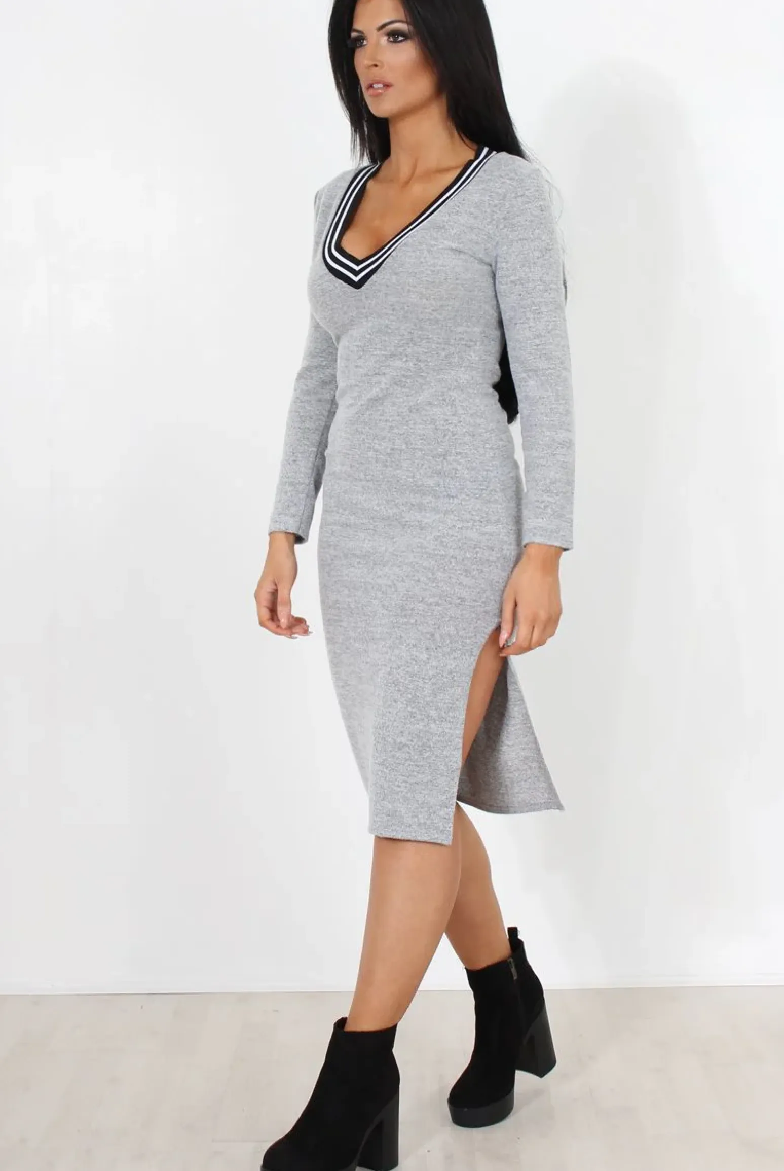 Rebellious Fashion Grey V Front Split Midi Dress-Loretta