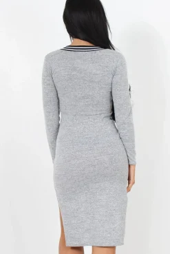 Rebellious Fashion Grey V Front Split Midi Dress-Loretta