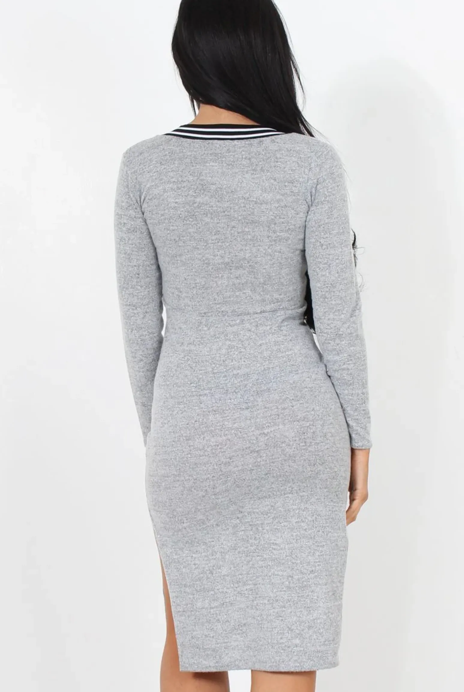 Rebellious Fashion Grey V Front Split Midi Dress-Loretta