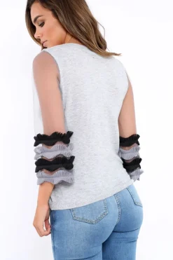 Rebellious Fashion Grey V Neck Jumper with Mesh Ruffled Sleeves - Amirah