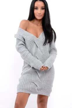 Rebellious Fashion Grey V Neck Twist Knit Jumper Dress - Tilly